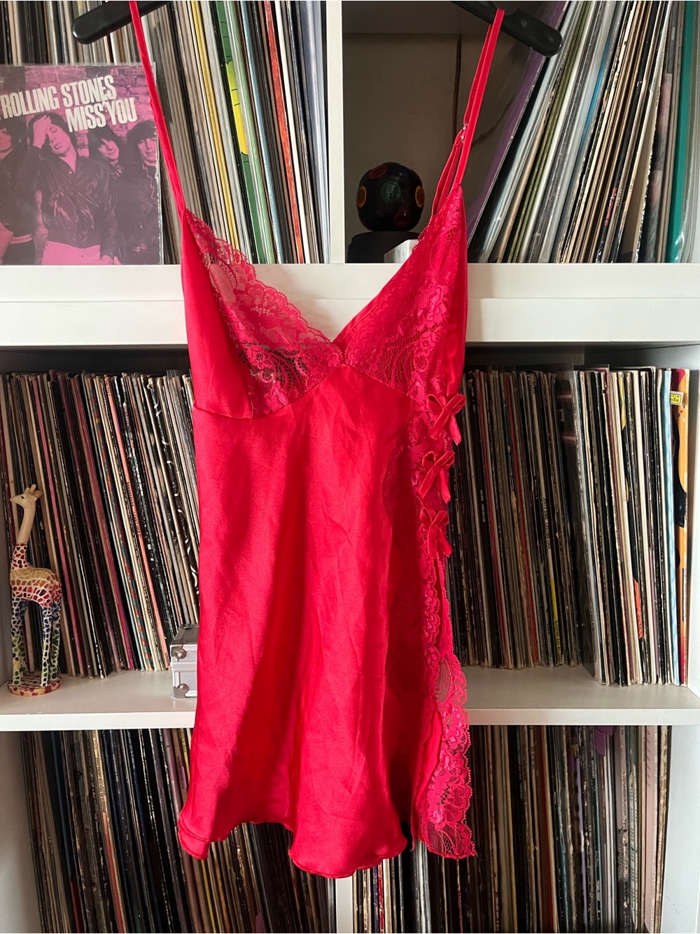 Vintage 90s Shirley of Hollywood Red Satin Babydoll Mini Slip Dress size L